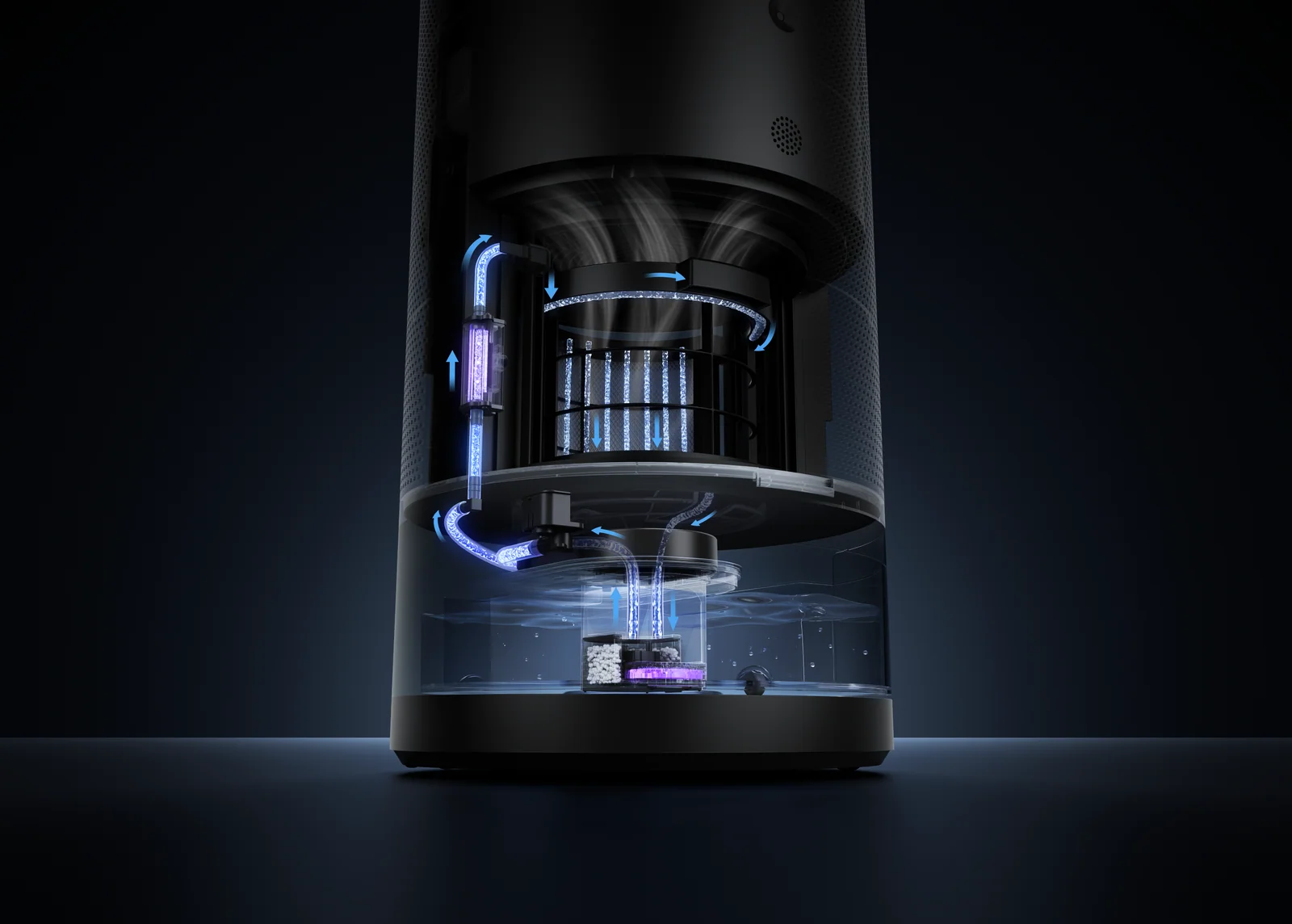 DREAME PM30 vidinė schema: vanduo garinamas ant filtro, matomas UV elementas talpykloje