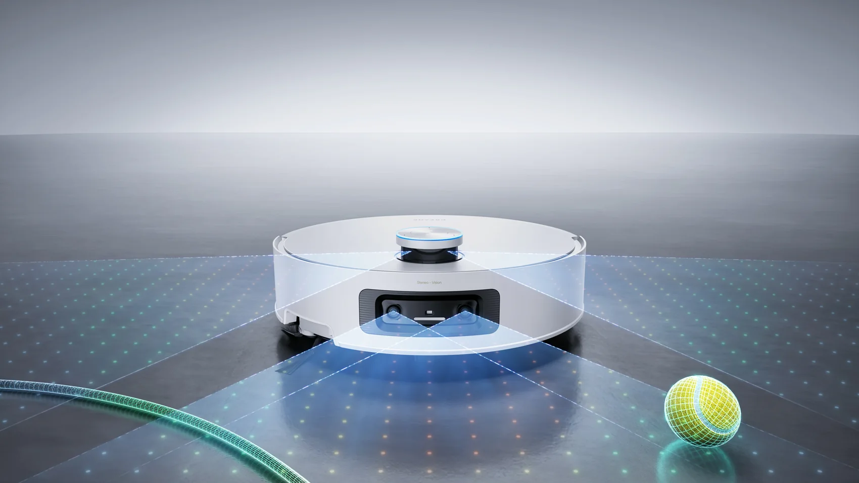 Roboto navigacijos jutiklių tinklelis su kamuoliuku ant grindų