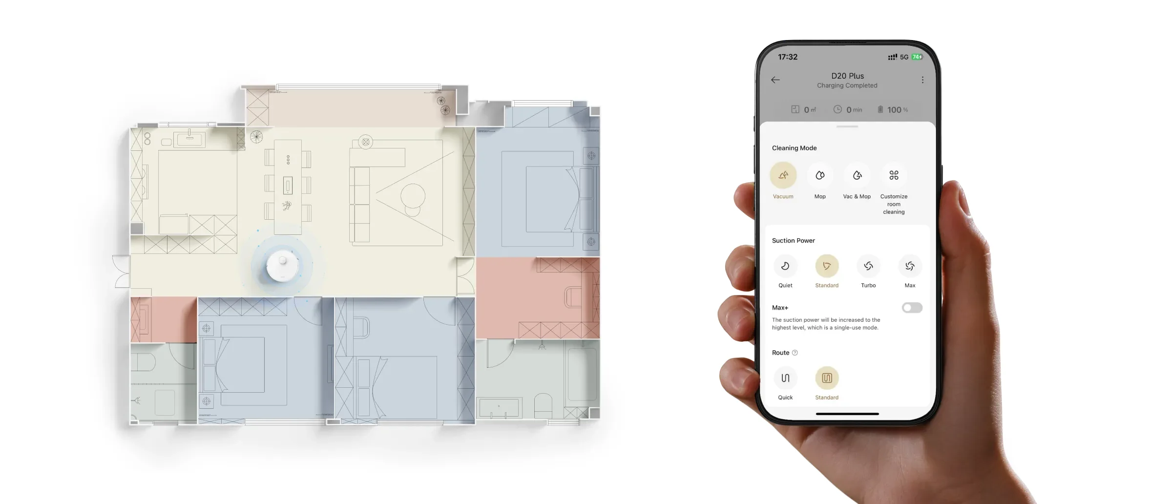 Programėlė „Dreamehome“ telefone su DREAME D20 Plus valymo nustatymais ir namų žemėlapiu