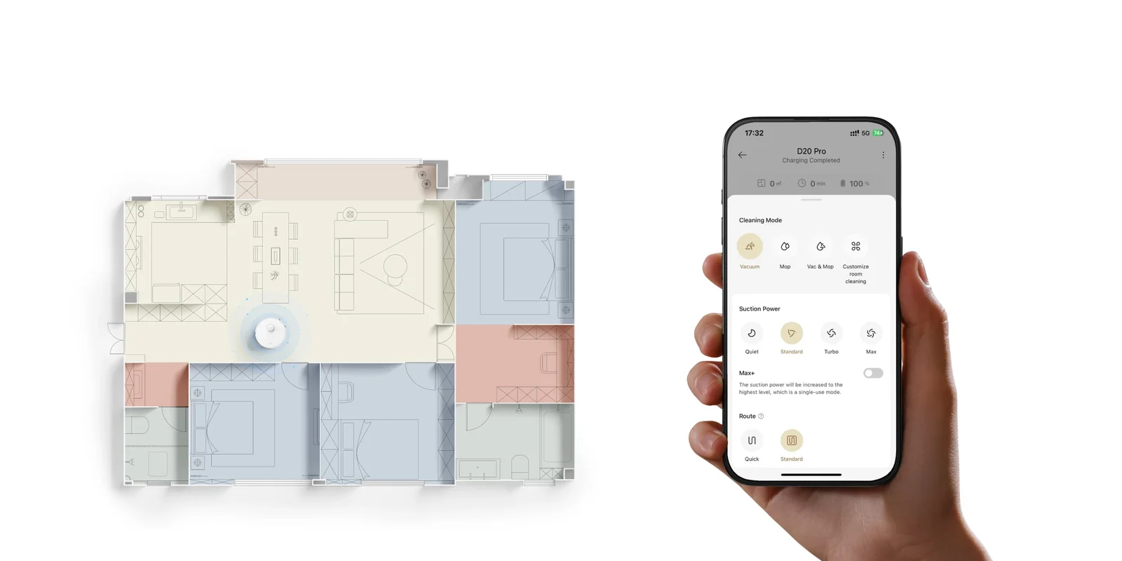Programėlė „Dreamehome“ telefone su DREAME D20 Pro valymo nustatymais ir namų žemėlapiu
