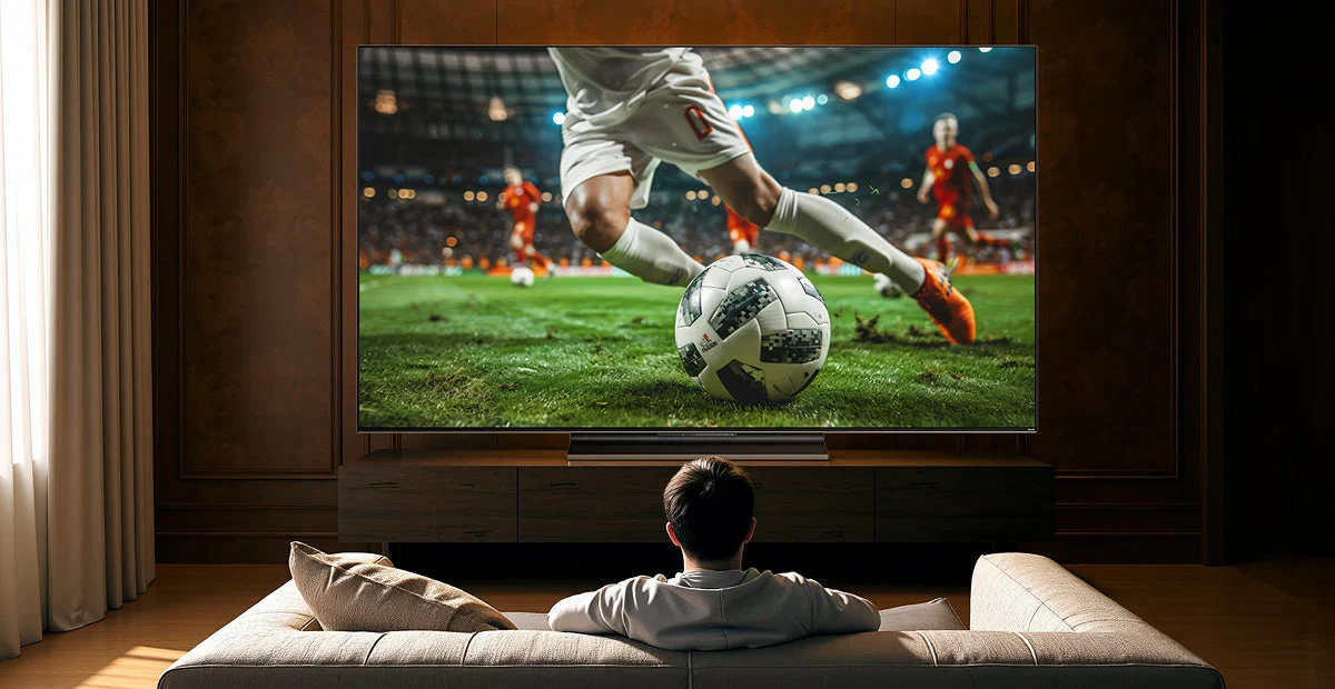 Futbolo rungtynės žiūrimos per DREAME Aura Mini LED S100 televizorių svetainėje