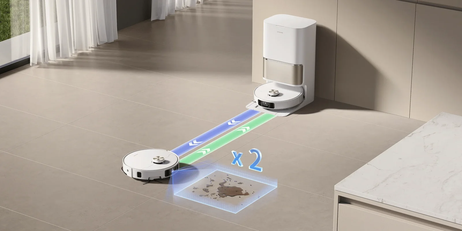 Robotas grįžta išplauti šluosčių ir perplauna dėmę
