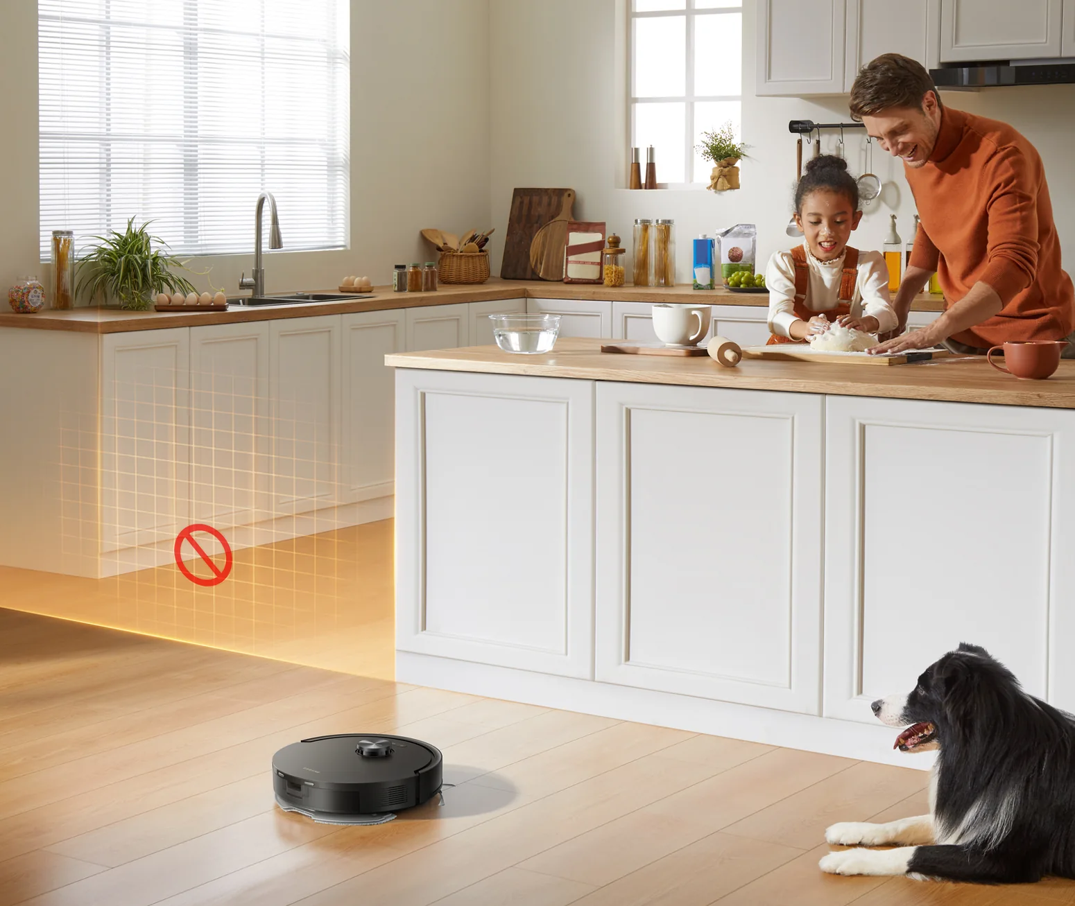 Robotas nevažiuoja į pažymėtą draudžiamą zoną prie sienos