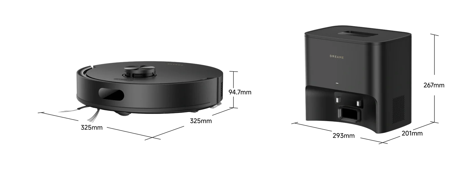 DREAME F20 Plus roboto ir stotelės matmenys
