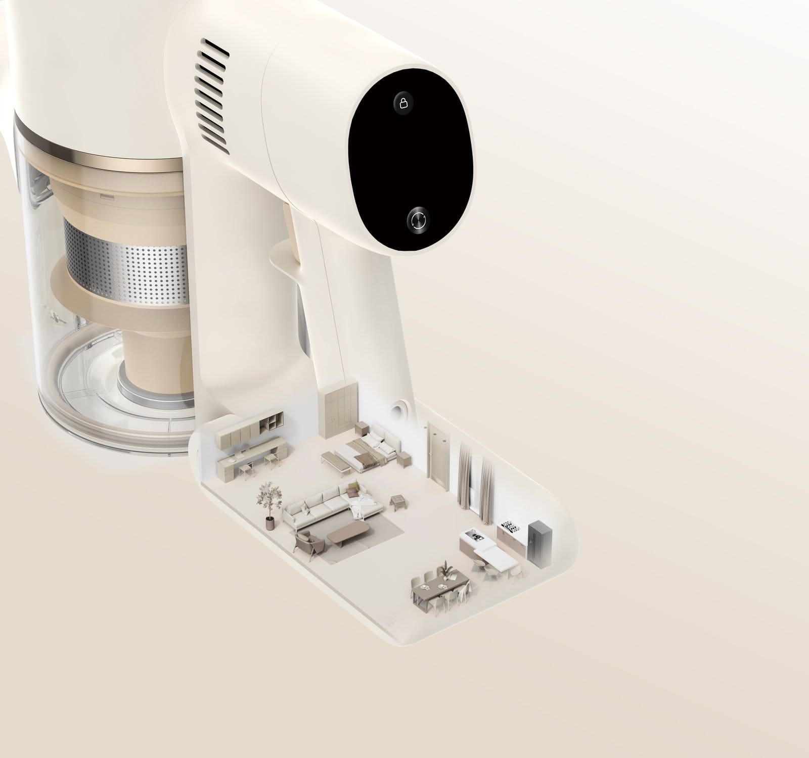 DREAME R10s LED ekranas ir namo planas, simbolizuojantis valymo aprėptį