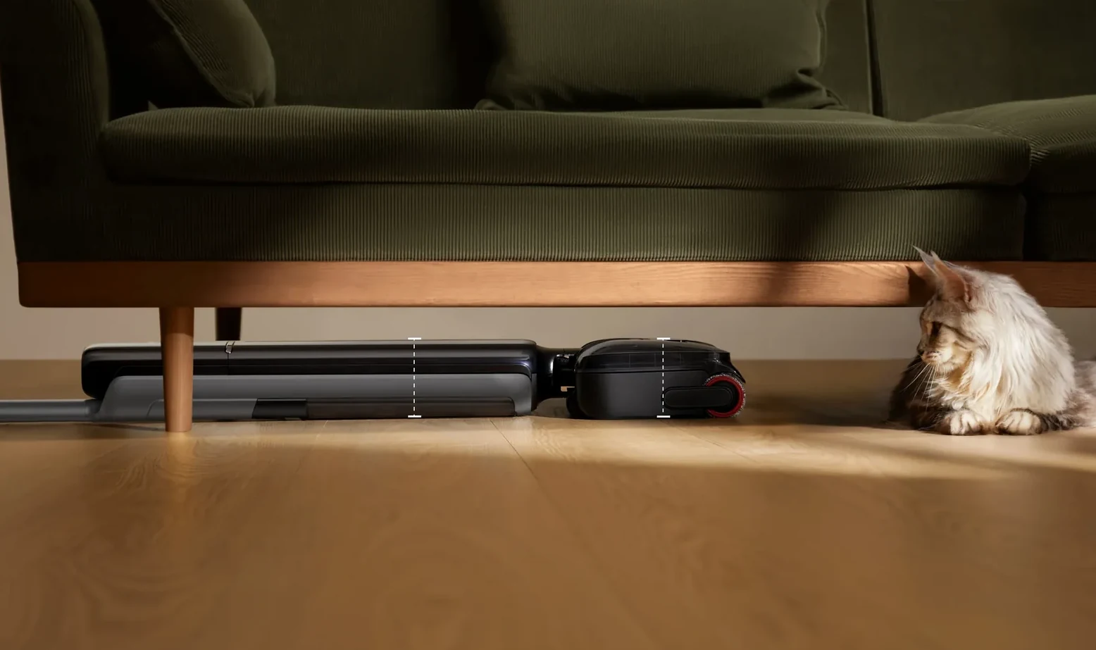 Siurblys palenda po žema sofa šalia šuns
