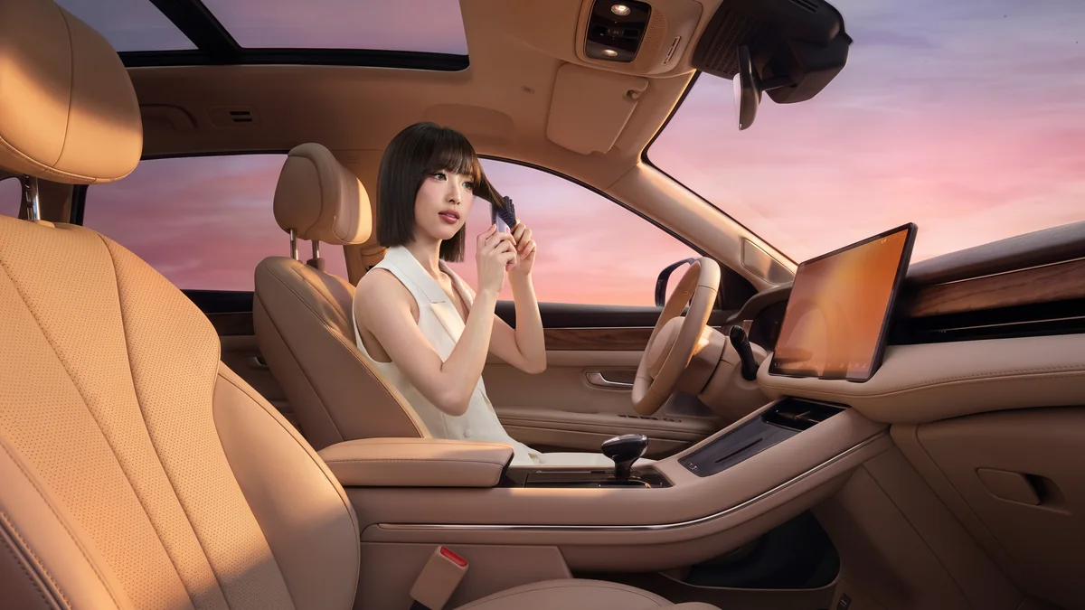 Keleivė automobilyje šukuojasi DREAME Sleek šepečiu