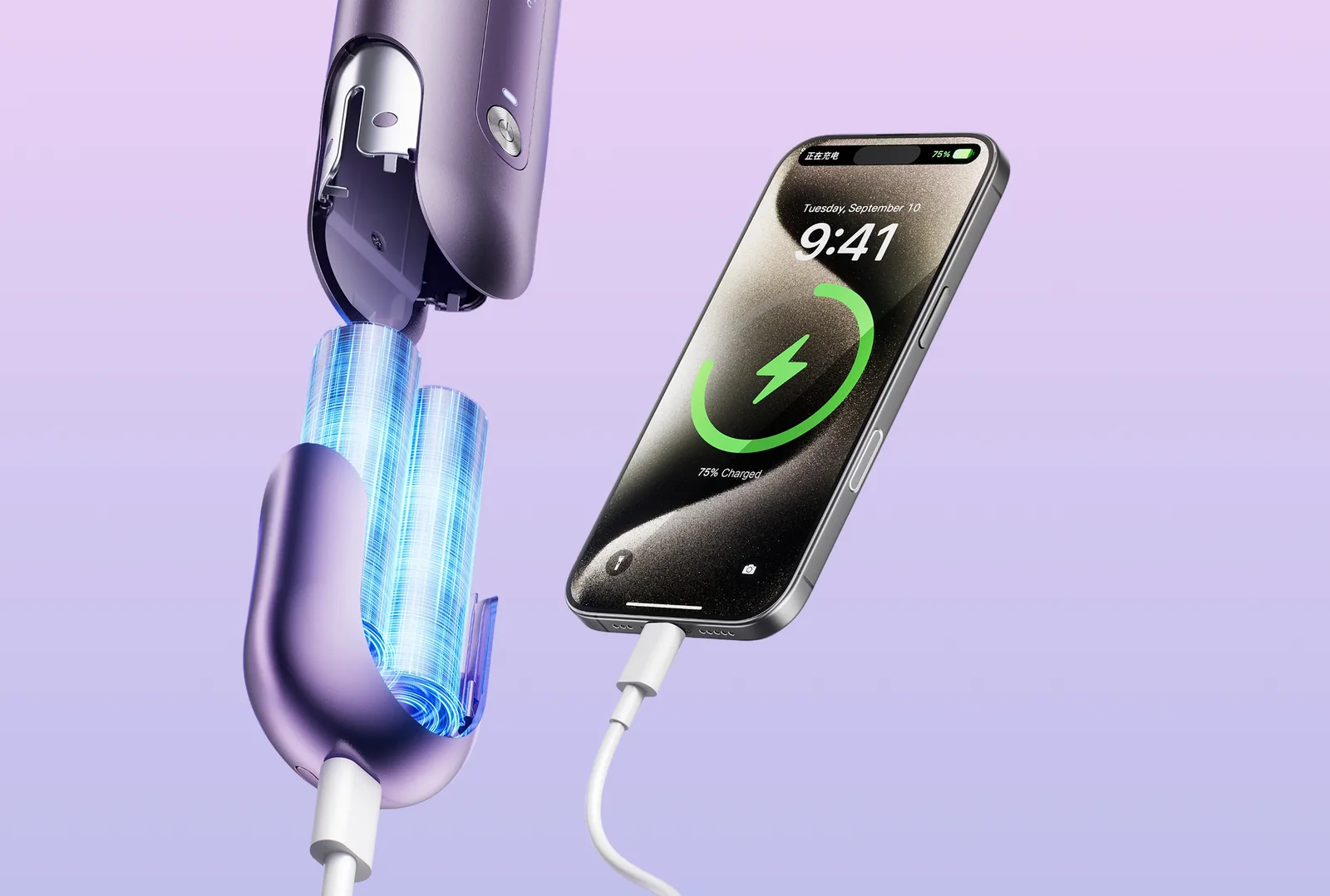 Iš DREAME Sleek išimtas akumuliatorius laidu įkrauna telefoną
