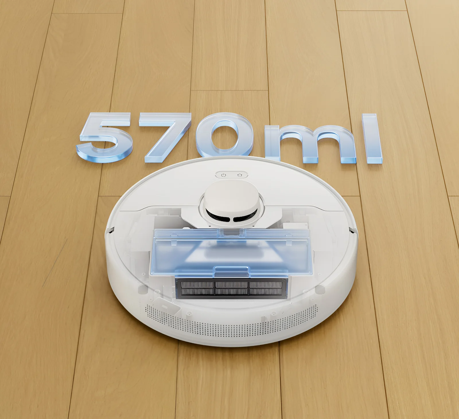 Robotas su matomu 570 ml dulkių dėžutės žymėjimu