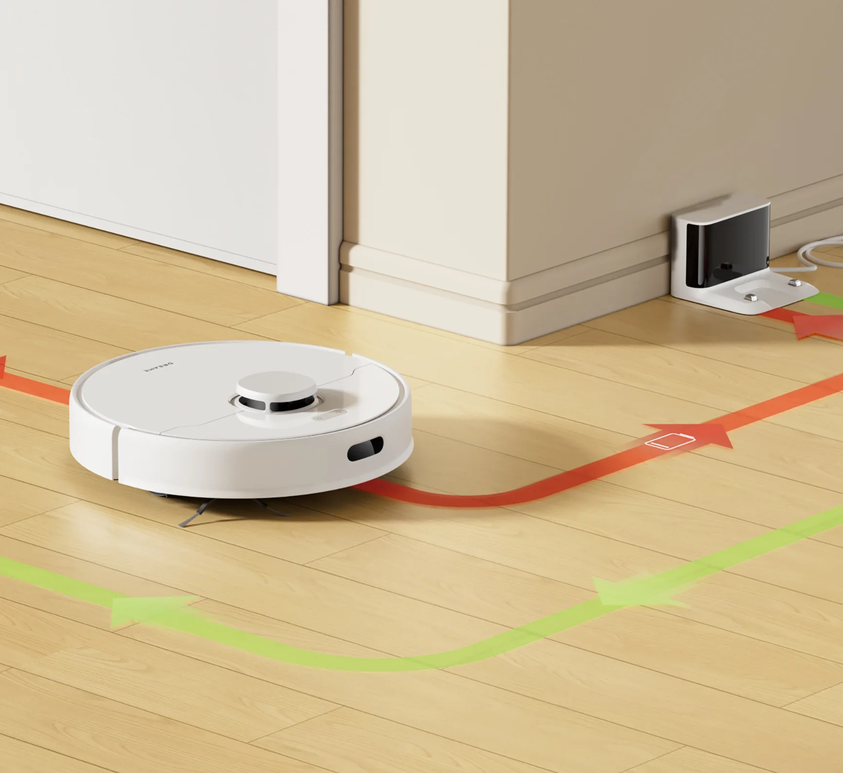 Robotas grindyse, pažymėtas jo valymo maršrutas linijomis