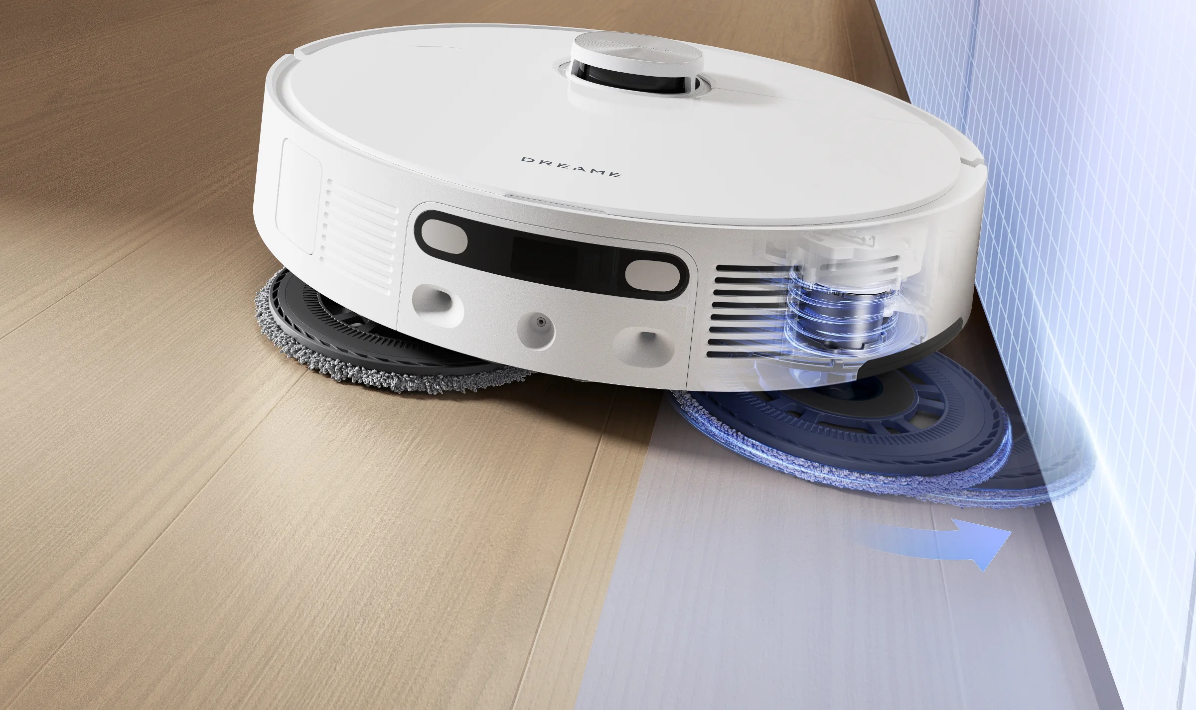 Robotas plauna grindis palei sieną, šluostė ištraukta už korpuso