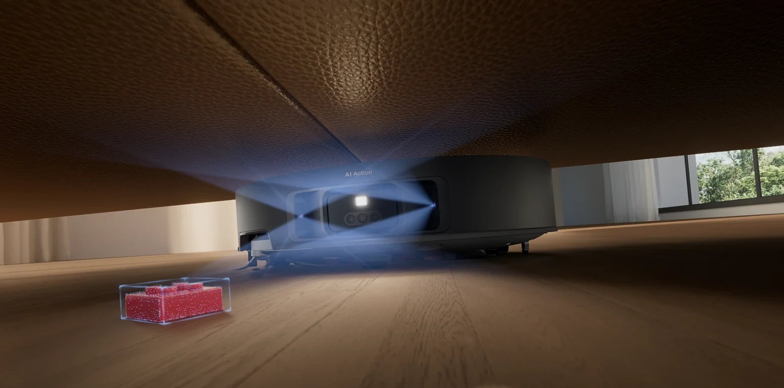 Robotas palenda po žema sofa su šviesos pluoštu