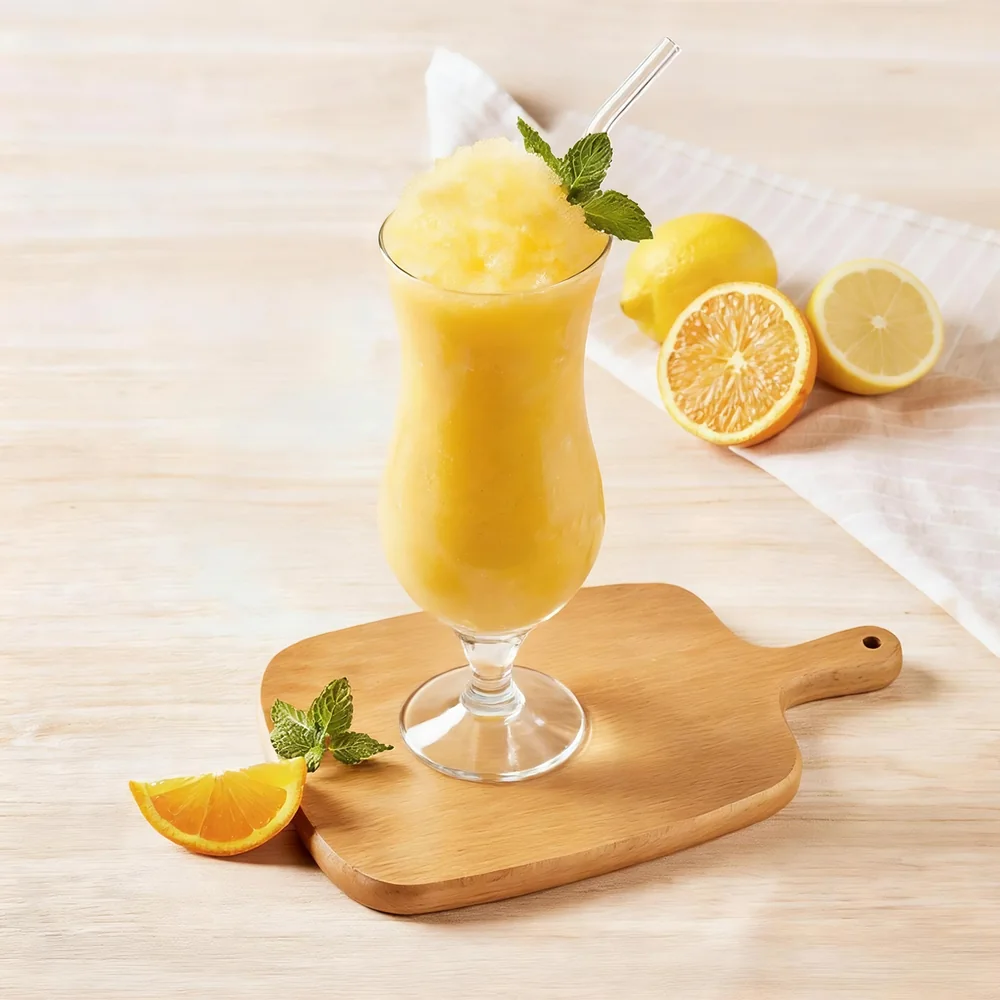 Geltonas ledo kokteilis taurėje su citrusais