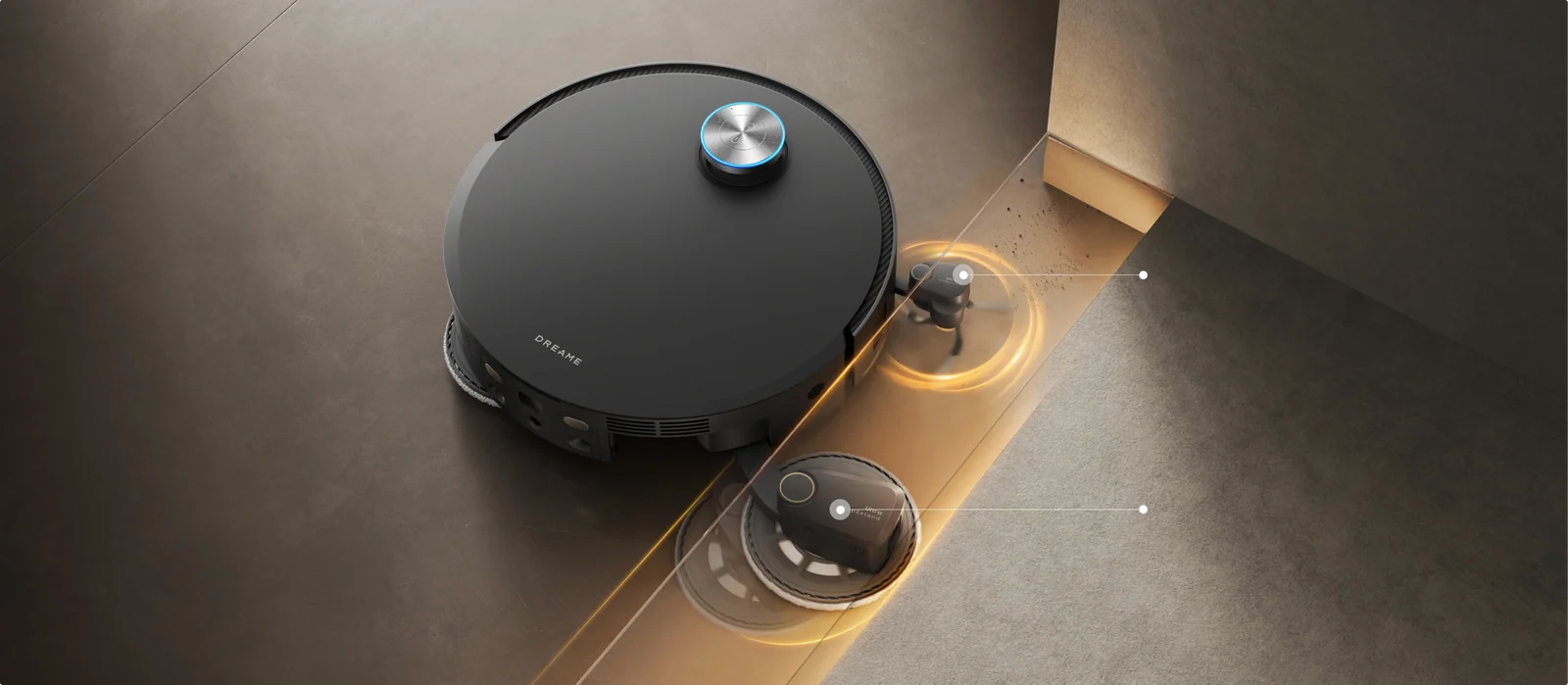 Robotas prie sienos kampo su ištiesta ranka