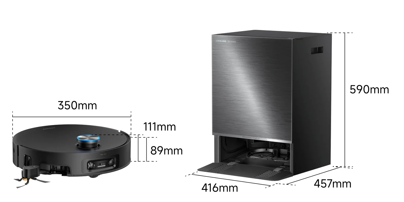DREAME X60 Pro Ultra Matrix roboto ir stotelės matmenys