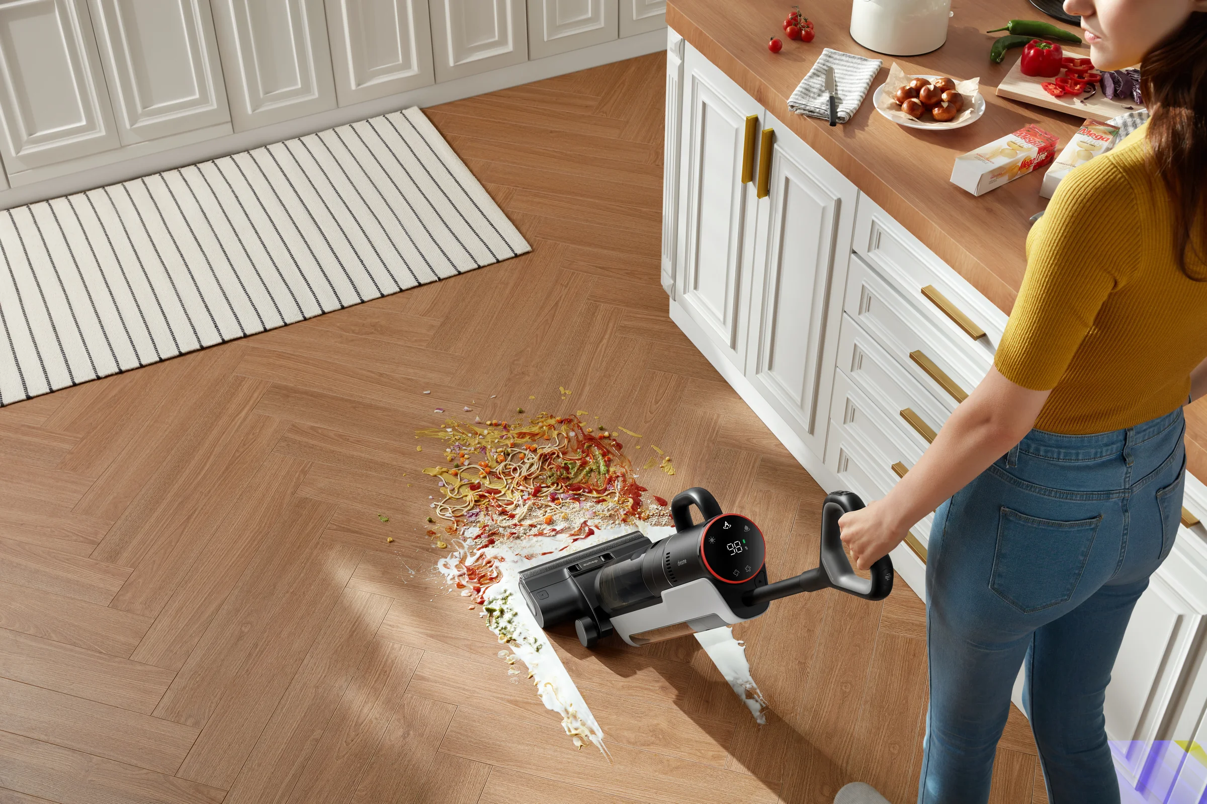Moteris DREAME H12 Dual siurbliu valo virtuvės grindis nuo išbarstytų makaronų ir miltų